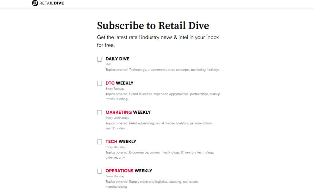 Anmeldeseite für den Retail-Dive-Newsletter