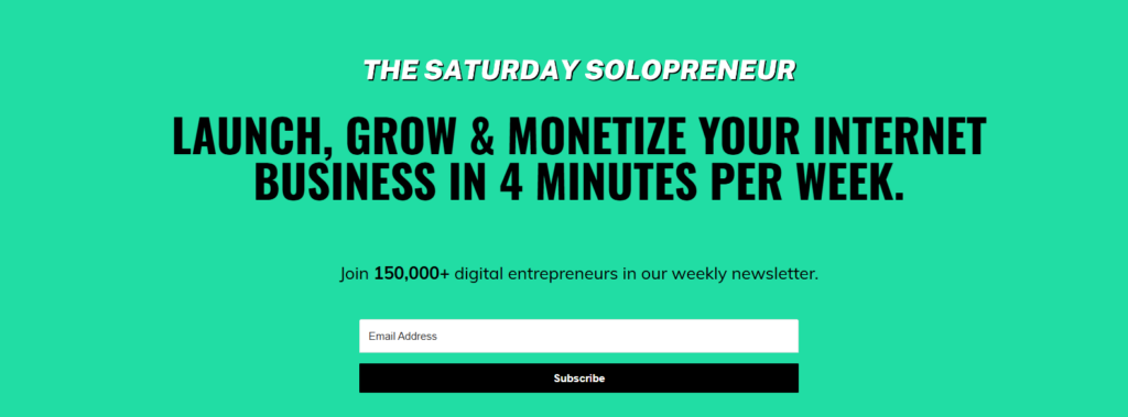 La homepage di L'imprenditore solitario del sabato che promuove una newsletter settimanale con consigli sulla crescita aziendale, strategie di monetizzazione e risorse per imprenditori digitali