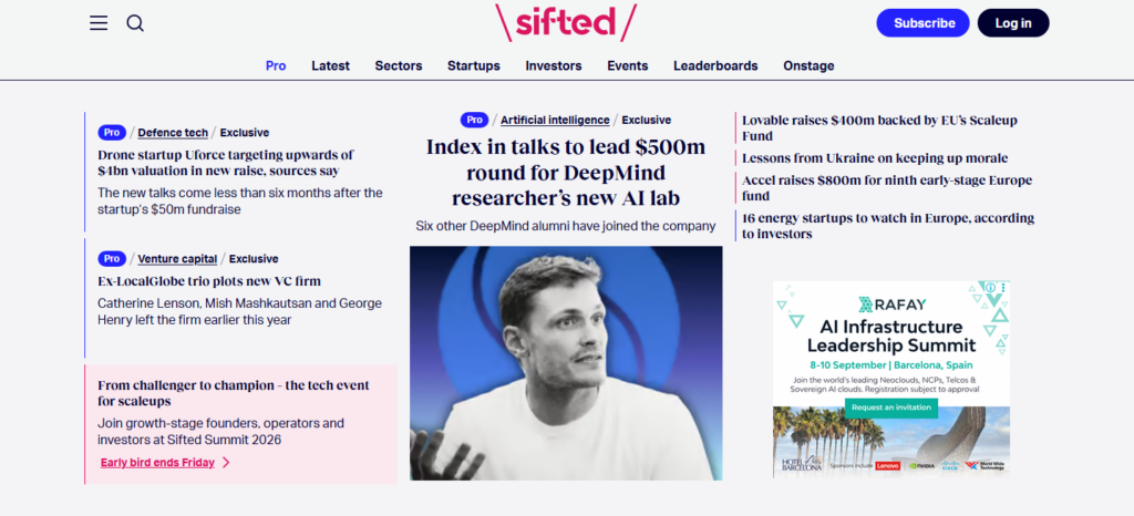Homepage di Sifted con notizie sulle startup, aggiornamenti sul capitale di rischio, approfondimenti sul settore dell'IA, informazioni sugli investimenti e articoli sulla tecnologia