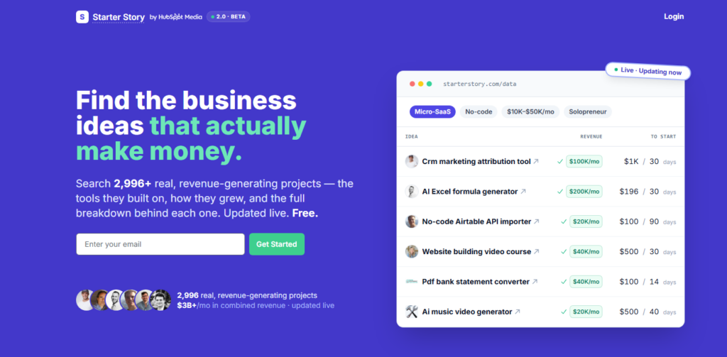 Homepage di Starter Story con idee imprenditoriali redditizie, esempi di startup, dati sui ricavi e risorse imprenditoriali per fondatori
