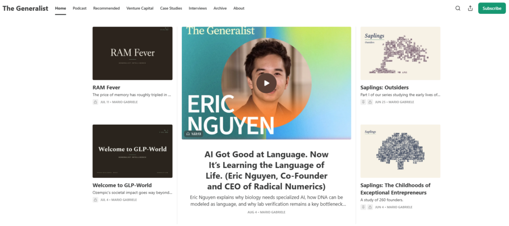 Homepage di The Generalist con articoli, podcast, interviste e ricerche su IA, tecnologia, imprenditoria e settori emergenti