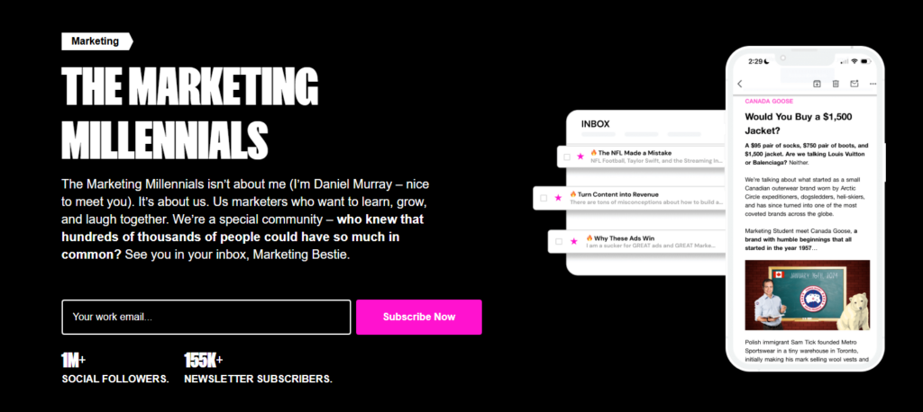 Pagina di iscrizione alla newsletter The Marketing Millennials con anteprima dei contenuti di marketing, modulo di iscrizione via e-mail e statistiche sulla community