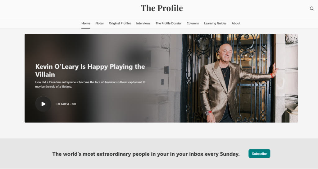 La homepage del sito Il Profilo che presenta una storia in evidenza su Kevin O'Leary, con la navigazione per interviste, profili originali, rubriche e guide all'apprendimento