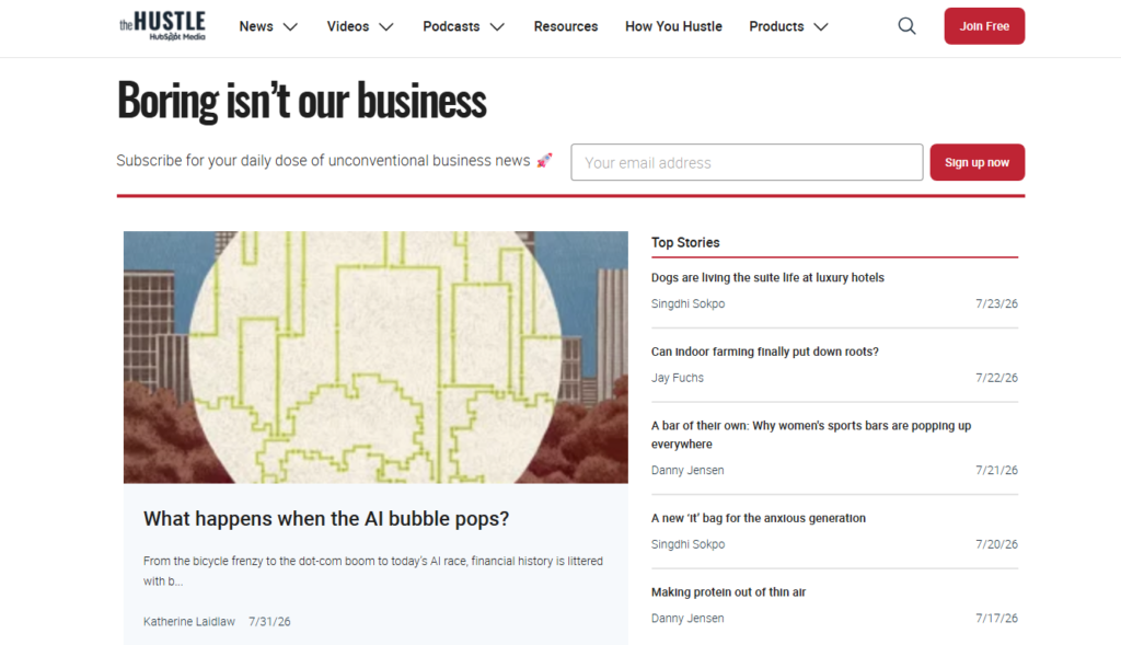 Homepage di The Hustle con articoli di economia, opzioni di iscrizione alla newsletter, notizie principali e approfondimenti su imprenditoria, tecnologia e tendenze