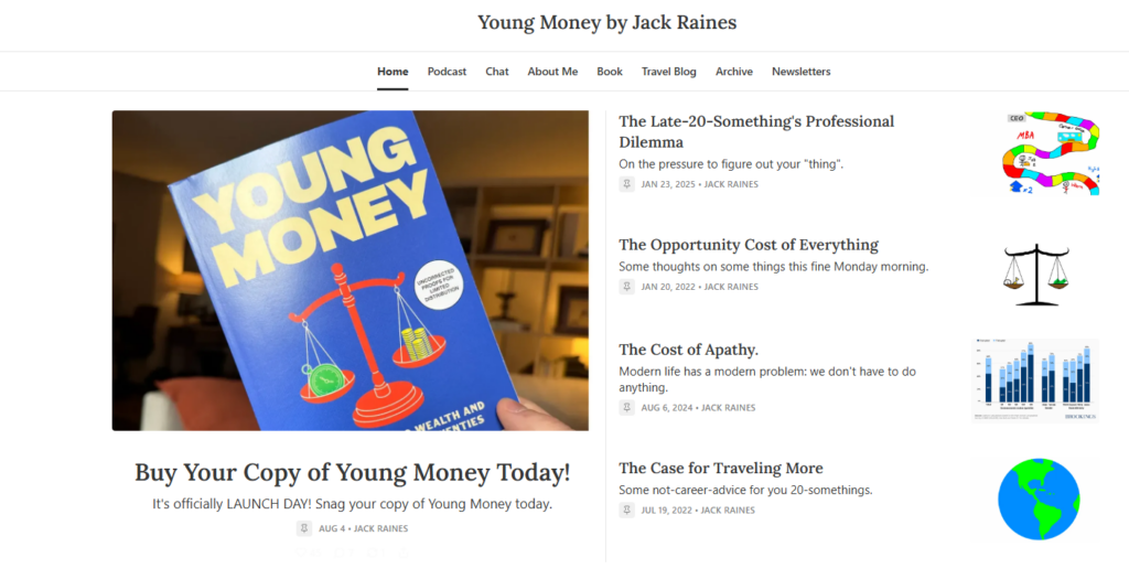 Homepage di Young Money di Jack Raines che mostra articoli di finanza, link ai podcast, navigazione della newsletter e la promozione di un libro in evidenza