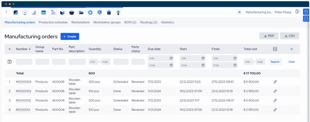 screenshot of MRPeasy interface
