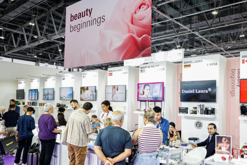 Attendees exploring beauty brand exhibits at Beautyworld Dubai.