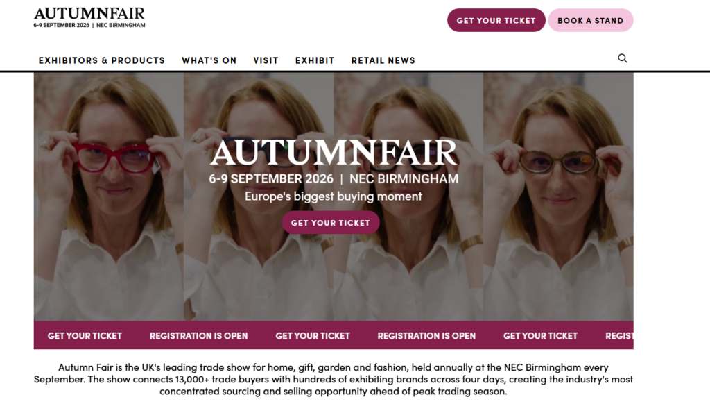 Capture d'écran du site Web de l'Autumn Fair 2026