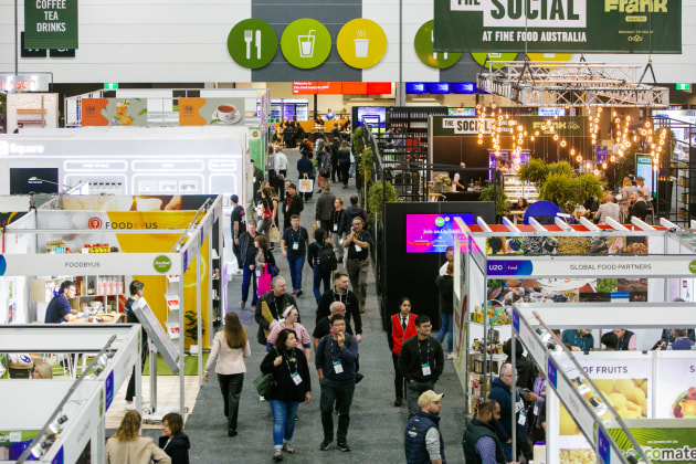 Fine Food Australia exhibition floor with exhibitors and attendees