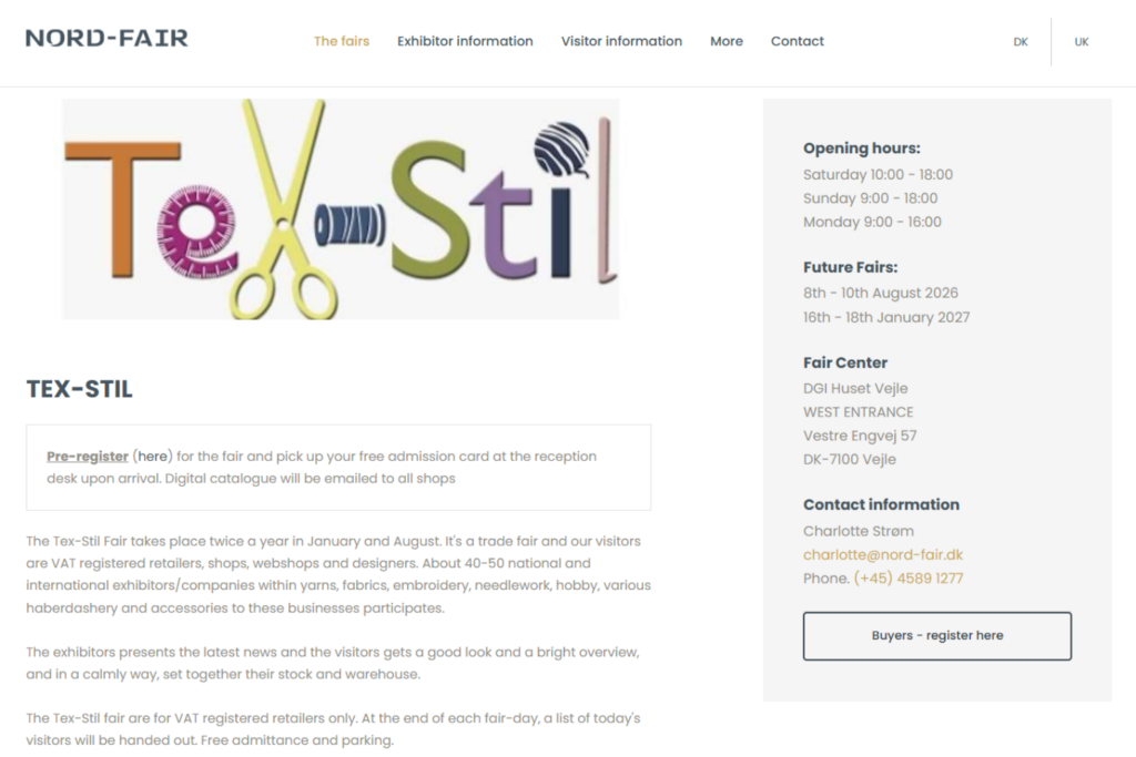 Landing page of Tex-Stil fair 2026