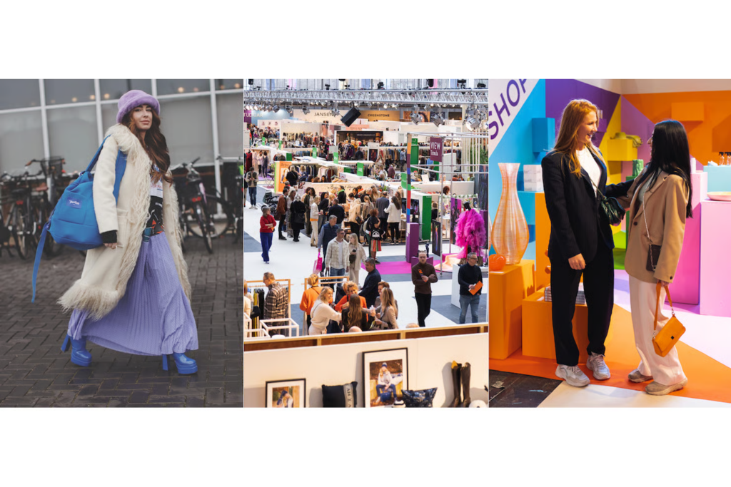 Image en trois panneaux montrant le street style, un salon professionnel de la mode bondé et une vitrine colorée lors du salon Modefabriek.