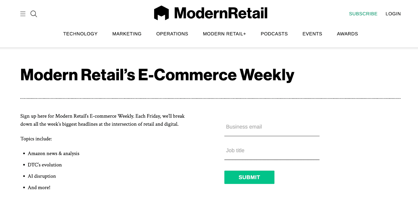 Modern Retail's E-Commerce Weekly newsletter form