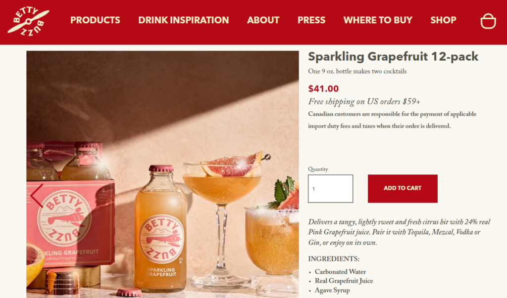 A screenshot of Betty Buzz’ product page with ingredient info and shipping details