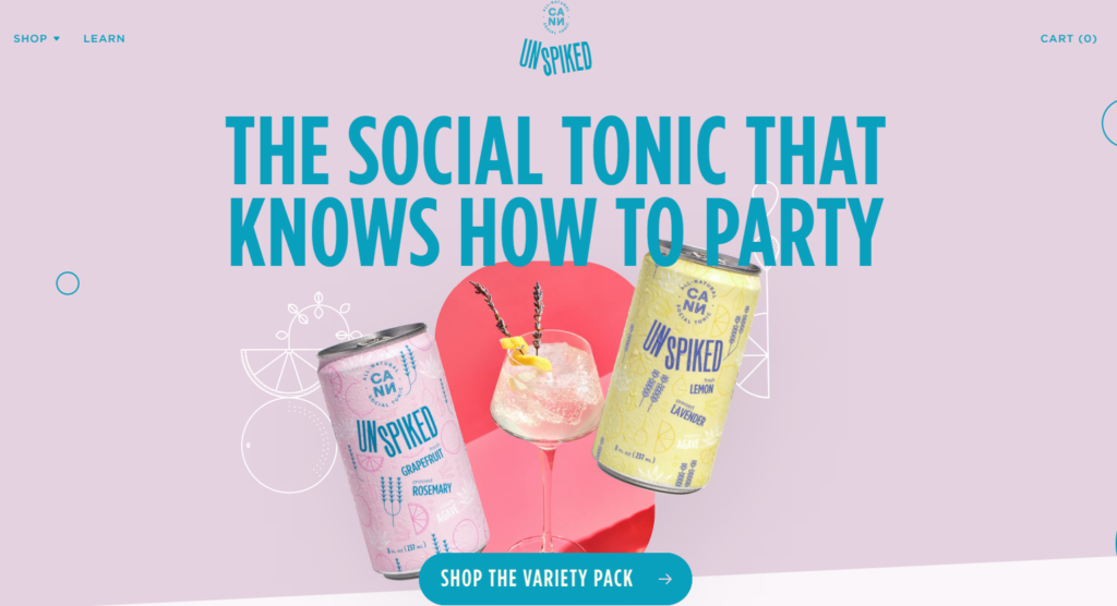 Snapshot of Unspiked homepage messaging "The Social Tonic That Knows How To Party" emphasizes socializing without relying on alcohol