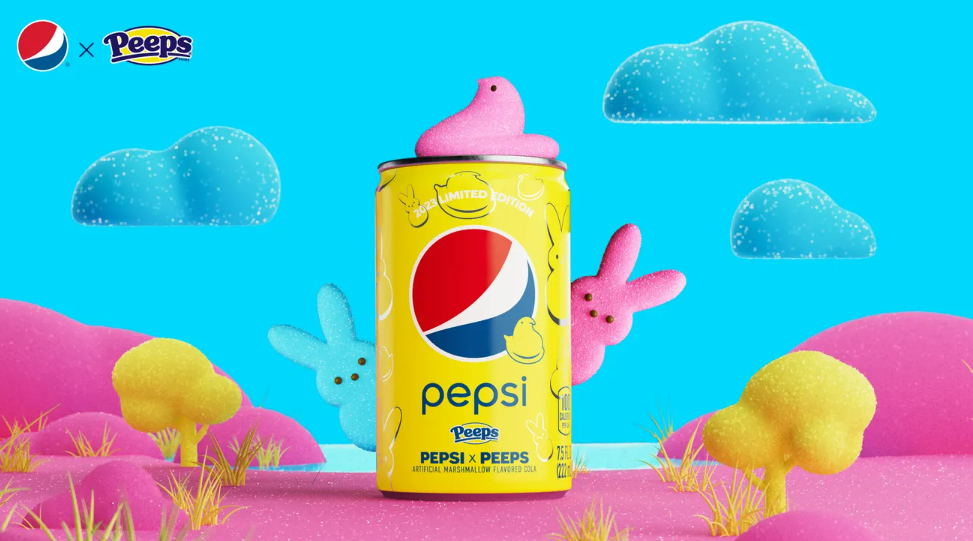 A screenshot of Pepsi and Peeps collaboration soda can of marshmallow-flavored drink.