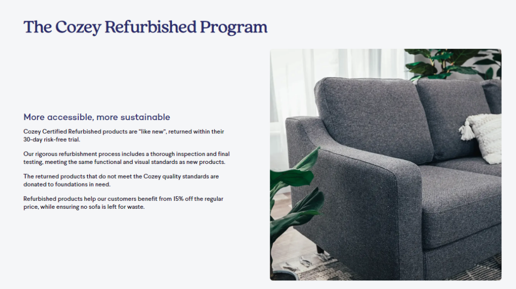 Cozey's landing page focuses on accessibility and sustainability with a clean image of a couch surrounded by plants.