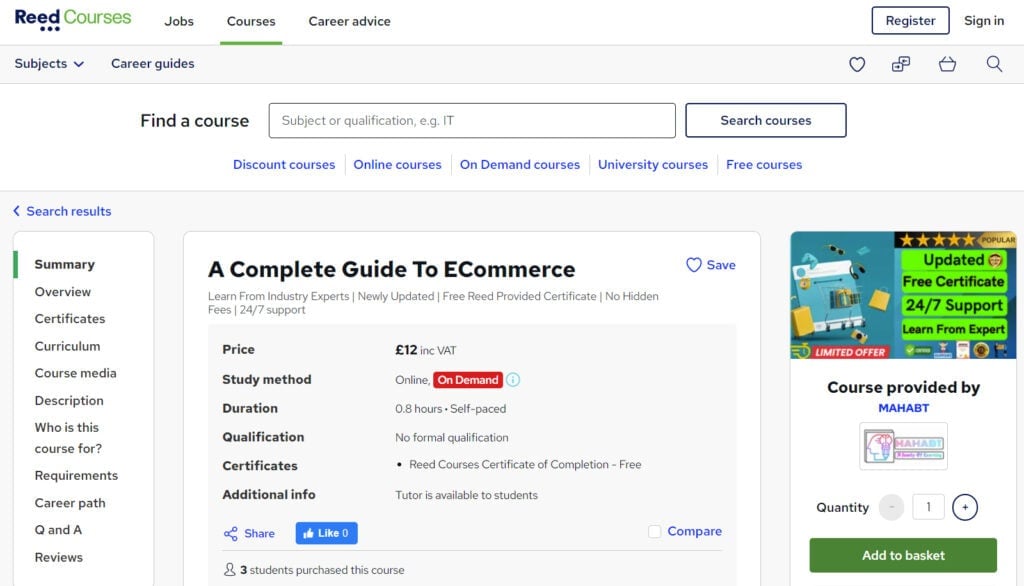 A Complete Guide To ECommerce course landing page screenshot