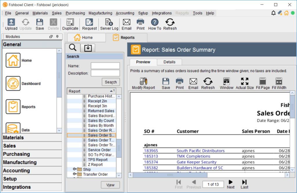 Fishbowl inventory review tool view dashboard