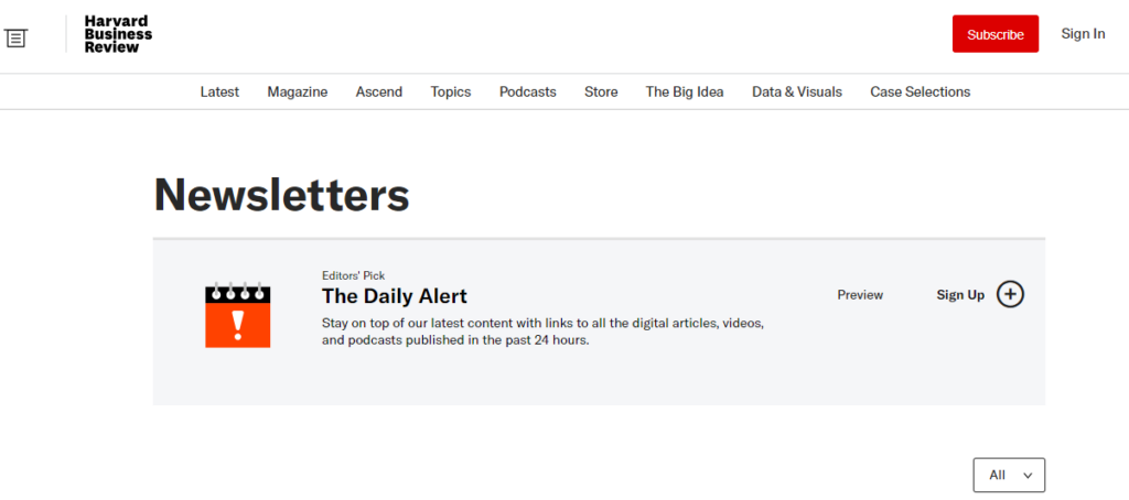 Harvard Business Review newsletter subscription page