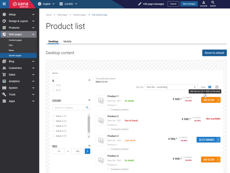 Sana Commerce cloud in-site editor feature