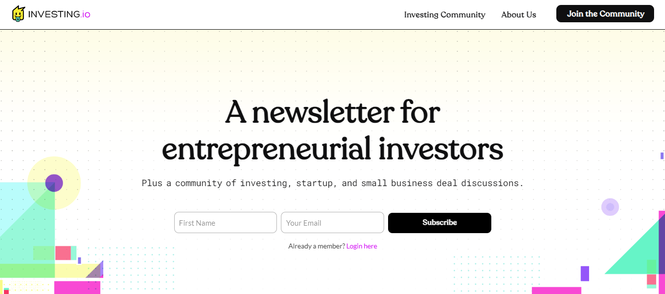 Investing.io newsletter for entrepreneurs
