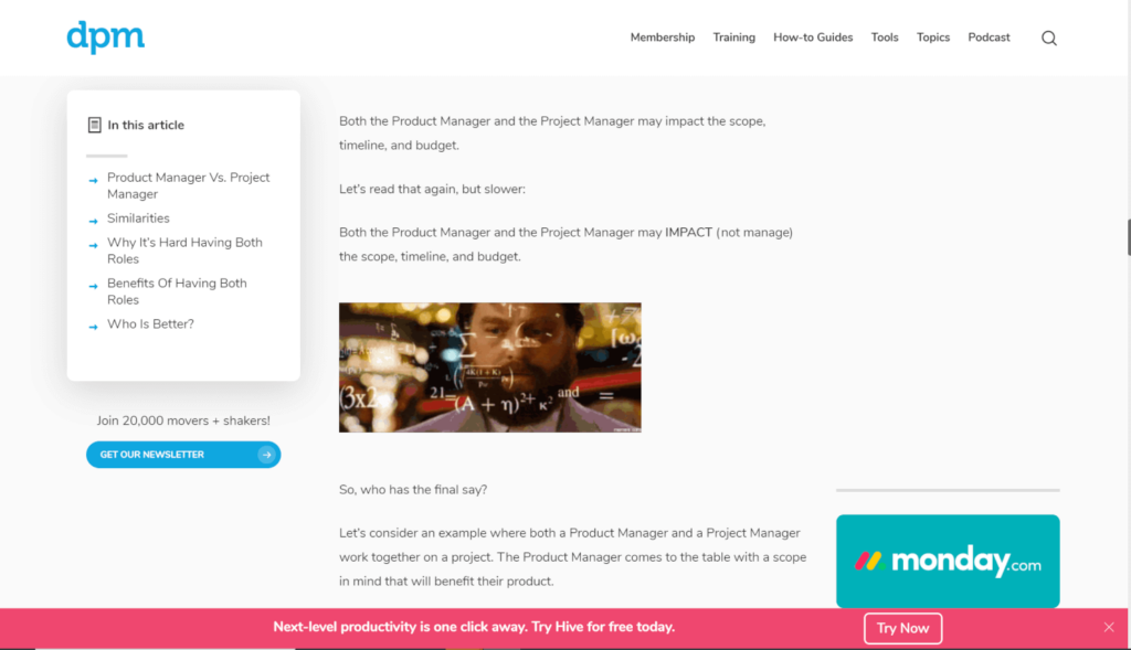 An Example of a Meme being used in an Article on The Digital Project Manager Website Screenshot