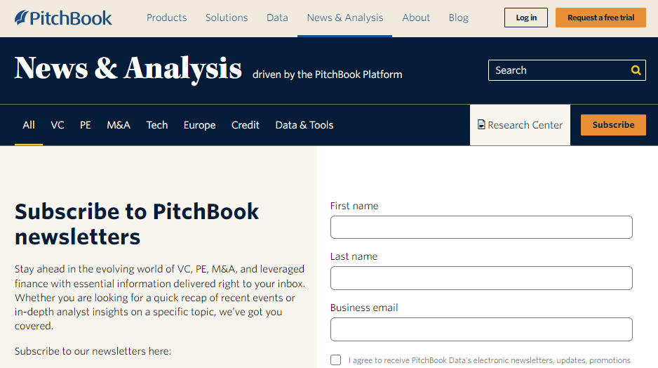 PitchBook newsletter subscription page