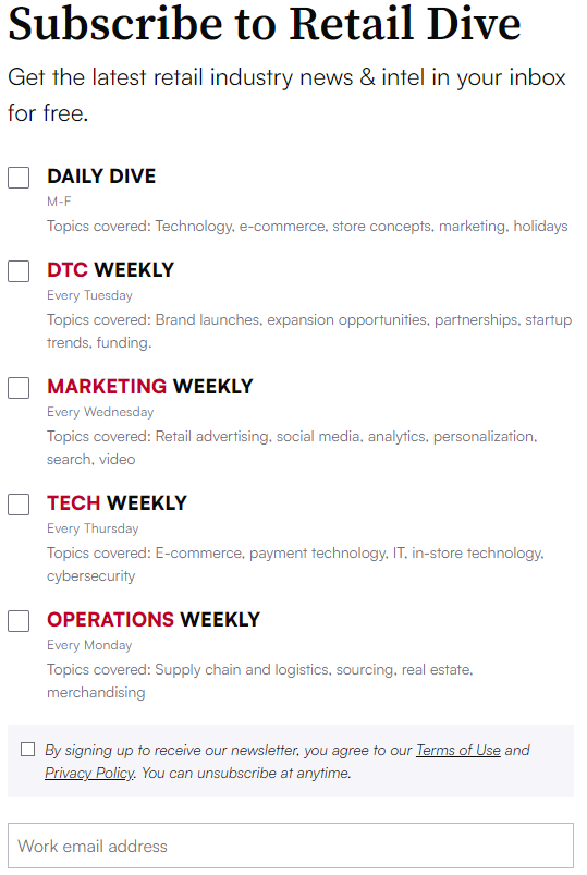 Retail Dive newsletter subscription form