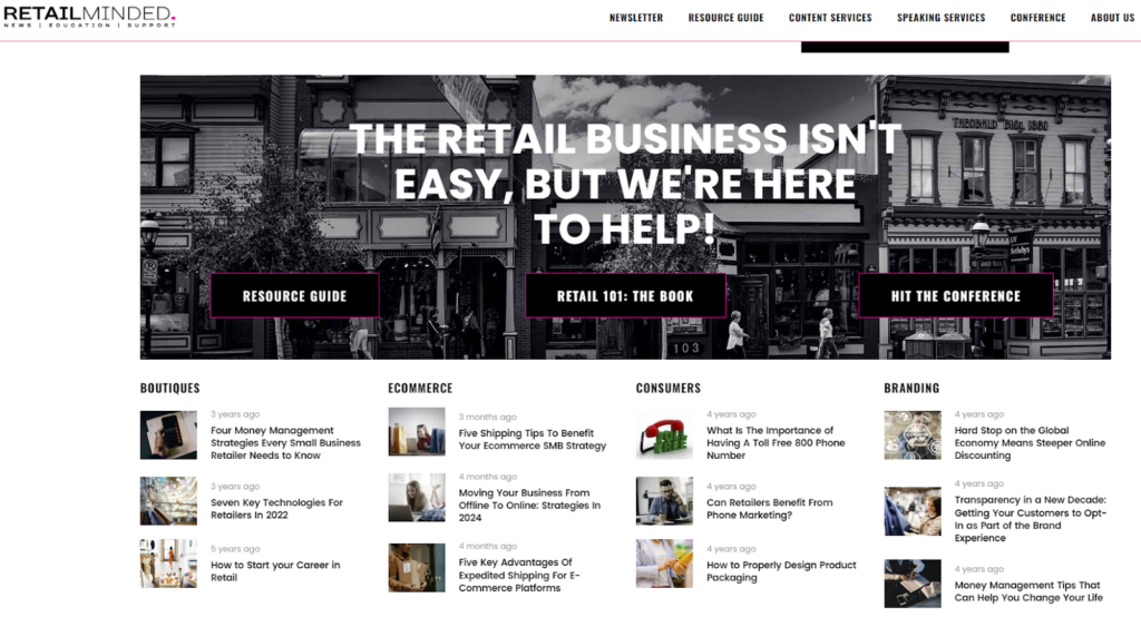 Screenshot of the homepage for the Retail Minded Newsletter
