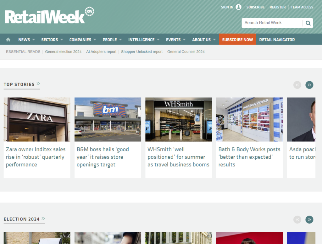 Screenshot of the homepage for the Retail Week newsletter