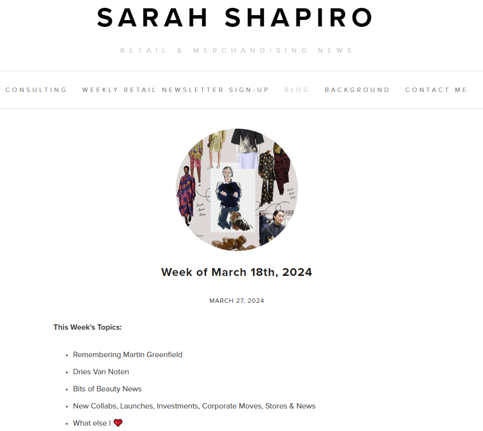 Screenshot of the homepage for the Sarah's Retail Diary Newsletter