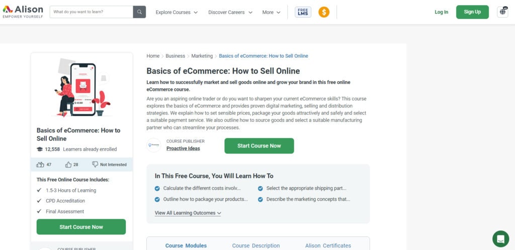 Basics of eCommerce: How to Sell Online course page screenshot