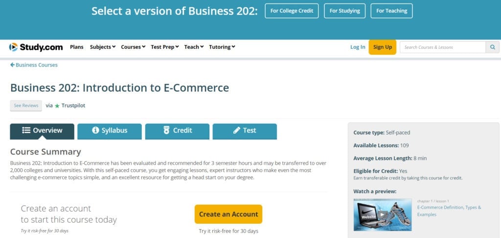 Business 202: Introduction to E-Commerce course landing page screenshot