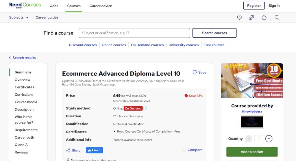 Webpage screenshot of Ecommerce Advanced Diploma Level 10 Course