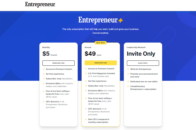 Entrepreneur+ newsletter pricing page screenshot