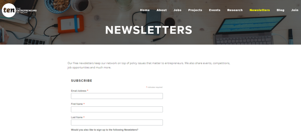 The Entrepreneurs Network newsletter subscription form