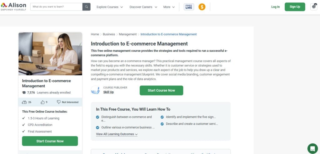 Introduction to E-commerce Management course page screenshot.