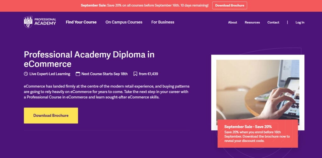 Page screenshot of Professional Academy Diploma in eCommerce course
