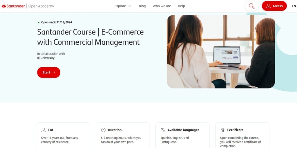 Webpage screenshot of Santander Course | E-Commerce with Commercial Management