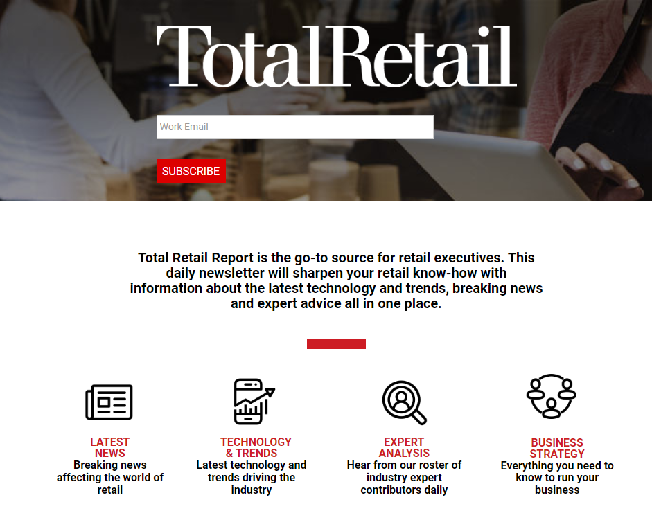 Screenshot of the main page for the Total Retail Report Newsletter