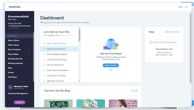 Wix eCommernce review a tool dashboard screenshot