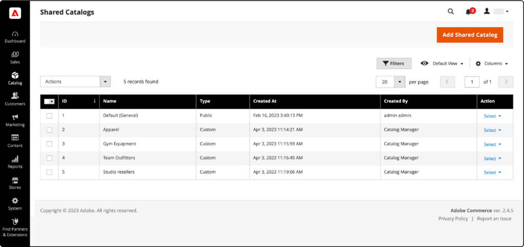 Adobe Commerce review showing the shared catalogs page interface