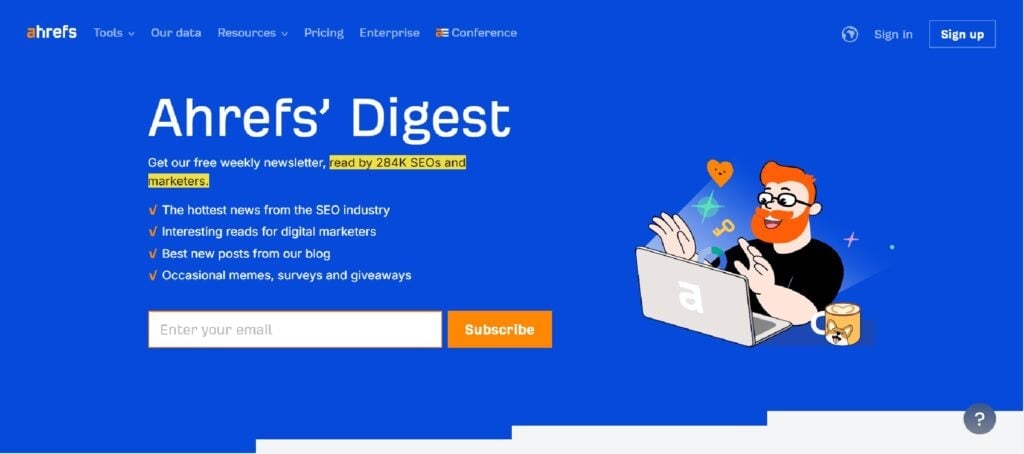 The Ahrefs' Digest newsletter subscription page
