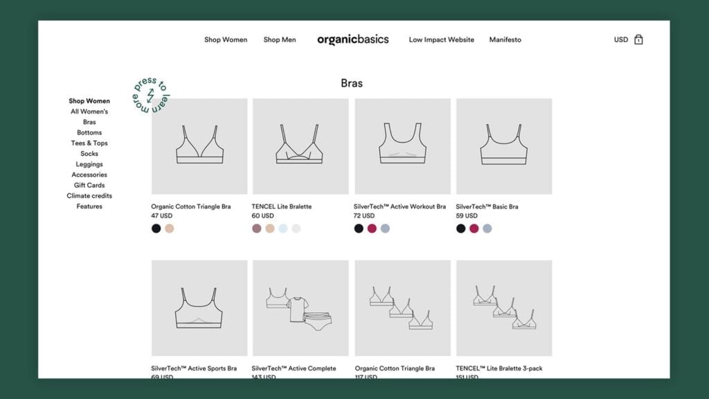 Organic Basics product page Screenshot