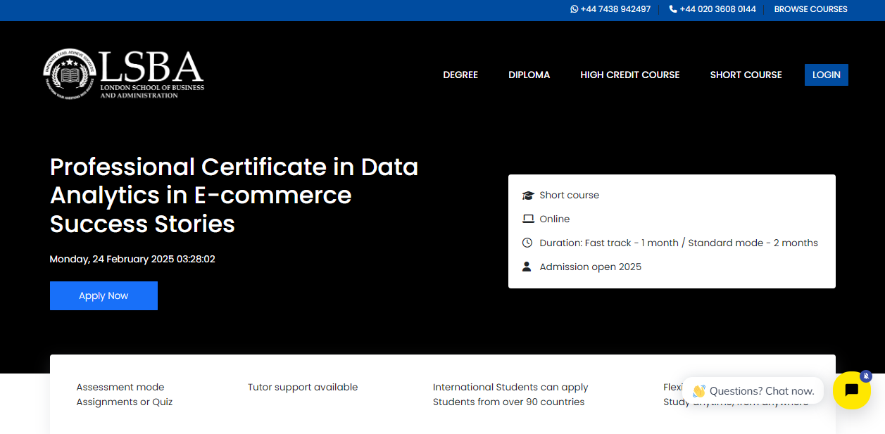 Professional Certificate in Data Analytics in E-commerce landing page