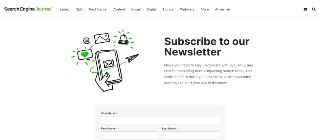 The Search Engine Journal newsletter subscription page