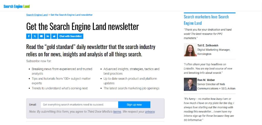 The Search Engine Land newsletter subscription page