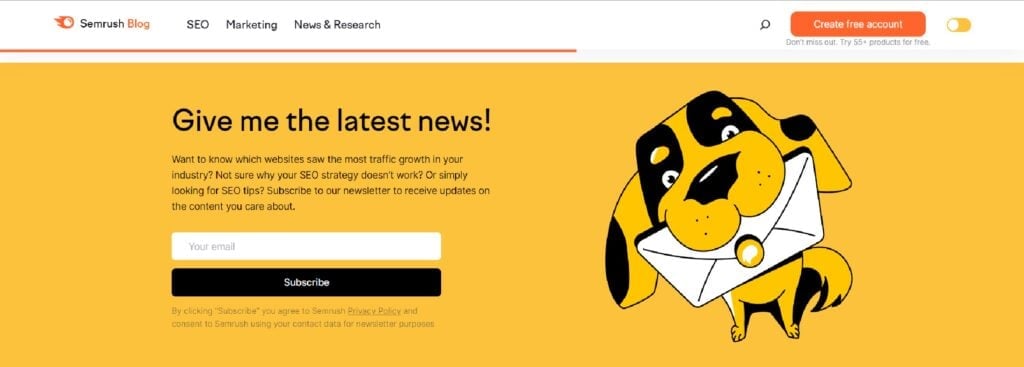 The Semrush Newsletter subscription page