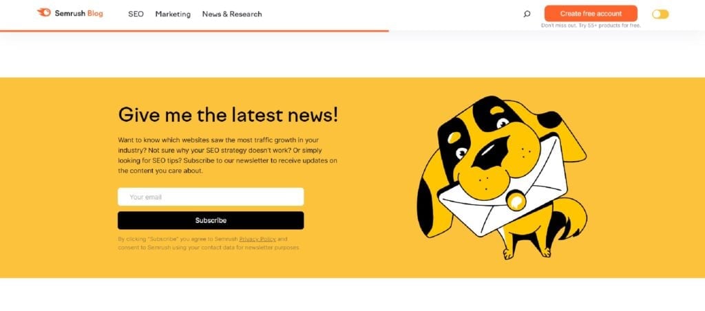The Semrush Blog newsletter subscription page