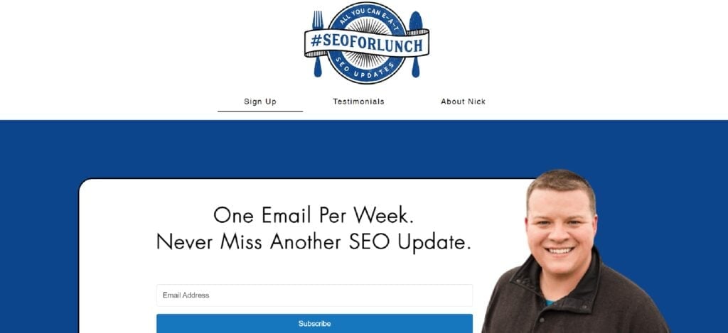 The SEO for Lunch newsletter subscription page